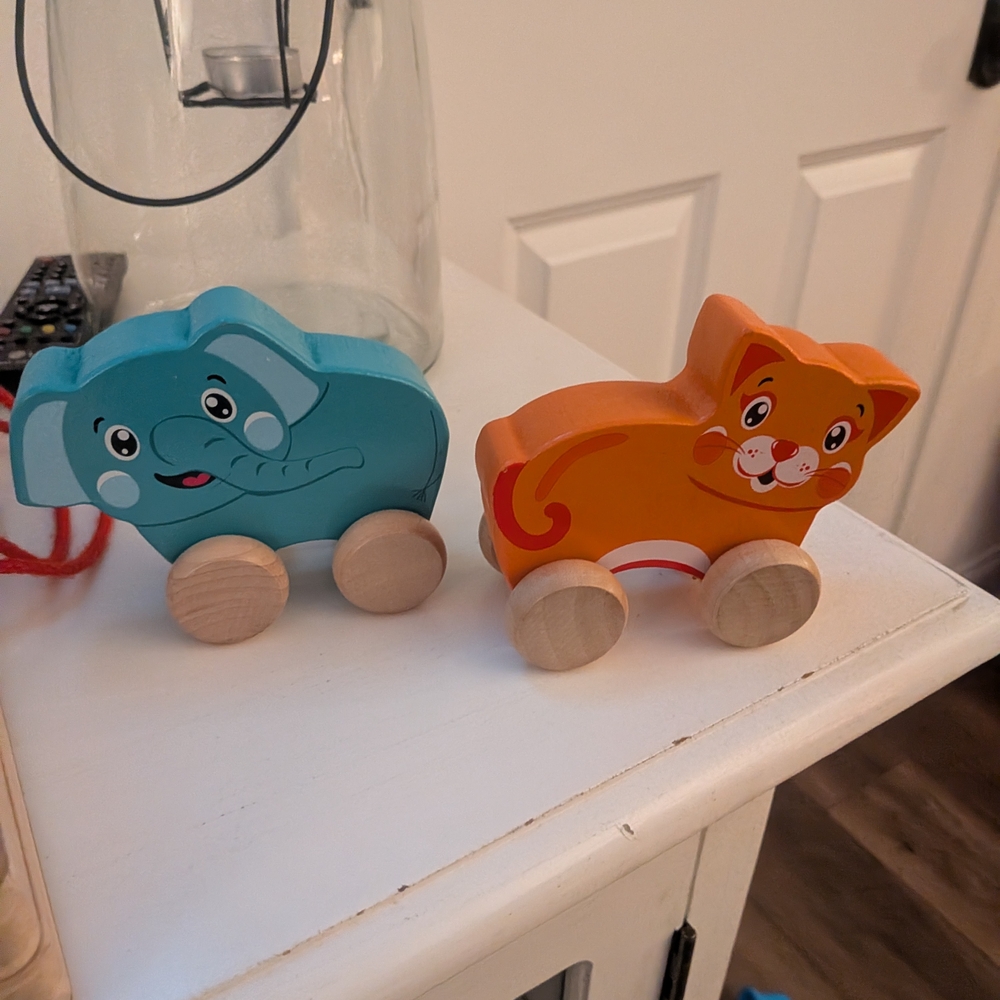 Wooden Elephant and Cat Toy Set - Blue and Orange